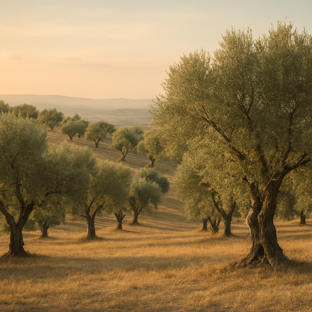 Greek olive grove at golden hour